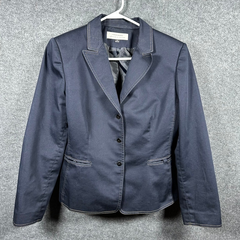 Tahari Arthur S. Levine Navy Blue Contrast Stitch 3-Button Blazer Jacket Size 12